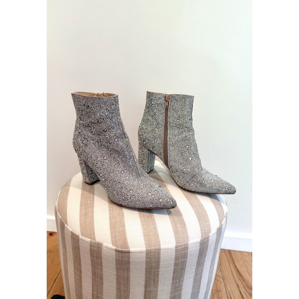 Betsy Johnson Rhinestone Booties Silver Crystal Block Heel Ankle Boots US 9